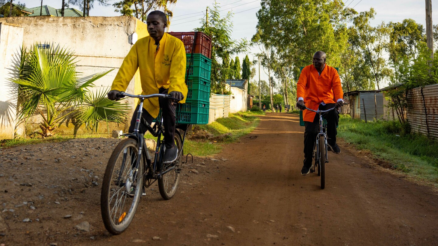 Two men in bright work coats, one in yellow and the other in orange, riding loaded bicycles on an unpaved road. Trees and buildings are visible in the background.